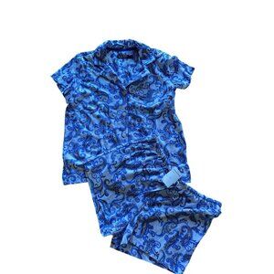 Lauren Ralph Lauren 2 Piece Pajamas Blue Paisley Stretch Knit Embroidered M NWOT